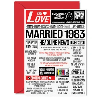 Image of 42nd Anniversary Cards for Men Women Married 1983 Newspaper Happy 42 Wedding Card Husband Wife Dad Mum Aunt Uncle Vintage Retro 1983, 5x7 Inch Greeting