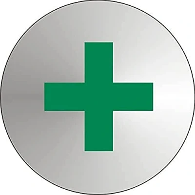 Image of Seco First Aid Pictogram Sign, 72mm Diameter 1.2mm Brushed Stainless Steel