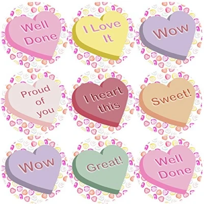 Image of 144 Candy Hearts Praise Words 30mm Valentine Reward Stickers for Teachers or Parents
