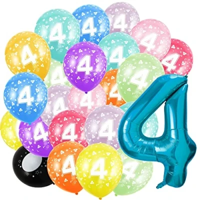 Image of 4nd Birthday Balloons,Blue Number 4 Balloon and 20pcs 12&quot; Multicoloured Numbers Printed Latex Age Balloons,Birthday Balloons for Girls Boys Decorations,4nd Anniversary Party Supplies