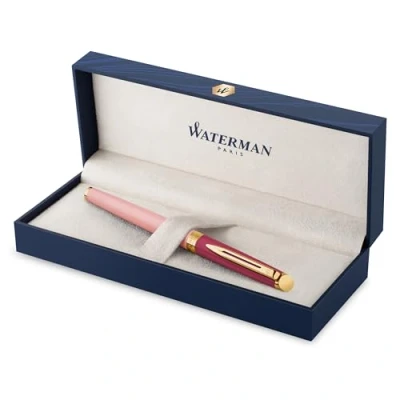 Image of Waterman Hémisphère Rollerball Pen Metal &amp; Pink Lacquer with Gold Trim Fine Point Black Ink Gift Box