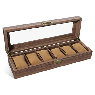 Image of Uten Watch Box with 6 Slots, Case Real Glass Lid, Wood Grain PU Leather Display Storage Removable Imitation Suede Pillows, Gift for Men and Women