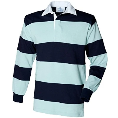 Image of Front Row Sewn stripe long sleeve rugby shirt Duck Egg/ Navy M
