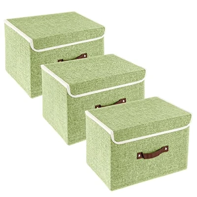 Image of TYEERS Collapsible Storage Box with Lid, Fabric for Clothes, Wardrobe Storage, 38x25x25 cm, Set of 3, Green