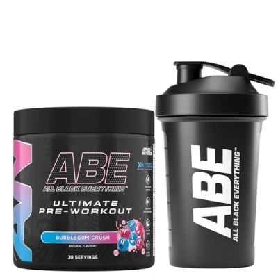 Image of Applied Nutrition Bundle ABE Pre Workout 375g + Black Shaker 400ml All Everything Powder, Energy Drink, Physical Performance, Creatine, Beta Alanine, Caffeine (Bubblegum Crush)