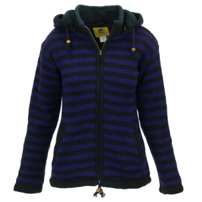 Image of LOUDelephant Hand Knitted Wool Hooded Jacket Cardigan Ladies Cut Stripe Purple Black (Large)