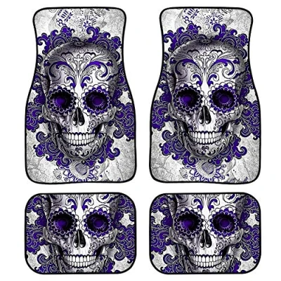 Image of SEANATIVE Purple Sugar Skull Car Floor Mats,Full Set of Front&amp;Rear Mandala Carpets 4 Pieces,Universal Auto Interior Accessories Boho Style