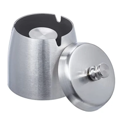 Image of Relaxdays Ashtray with Lid, Stainless Steel, Outside and Inside, HxD 9 x 7.5 cm, Garden, Balcony, Windproof, Silver