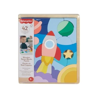 Image of Fisher Price Preschool Toy Wooden Space Jigsaw Puzzle with Stacking Blocks, 42 Wood Pieces for Sorting Play Ages 3+ Years, HXY42