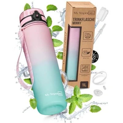 Image of My Vesperbox Minny 1 L Children&#039;s Leak Proof Water Bottle with Straw or Strainer Lightweight Tritan BPA Free for Nursery, School