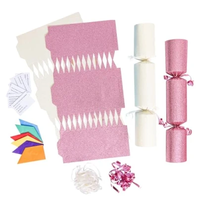 Image of evelay 12 Make Your Own Christmas Cracker Kit DIY Pink &amp; White Glitter Crackers Hats Snaps Jokes (Pink, White)
