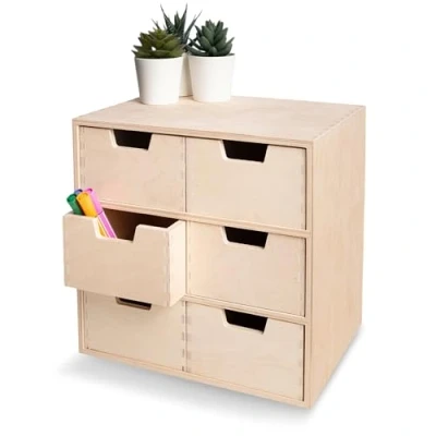 Image of Creative Deco Mini Wooden Chest of Drawers 28.5x20x28.5cm 6 Compartments Organiser for Paper Work Documents Plain Stationary Office Accessories Large Storage Box with Drawer