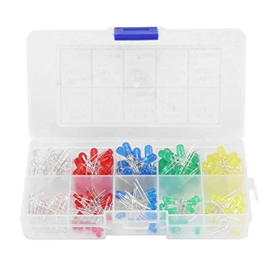 Image of 200pcs LED Diode Lights 3mm and 5mm Emitting Diodes Assortment Set Kit Electronics Components Pack of Assorted Color LEDs Resistors Red Yellow White Green Blue