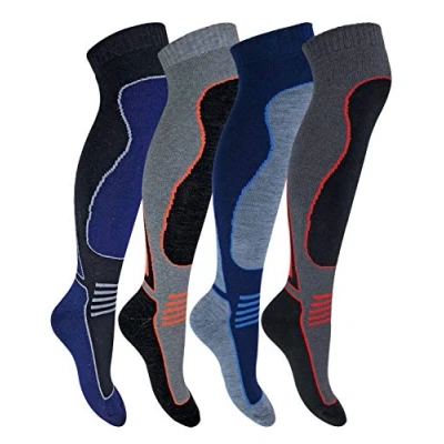 Image of 4 Pairs Mens Ladies Kids Extra Warm Long Knee High Colourful Winter Wool Blend Ski Socks (6 11 uk, SL202 Mens)