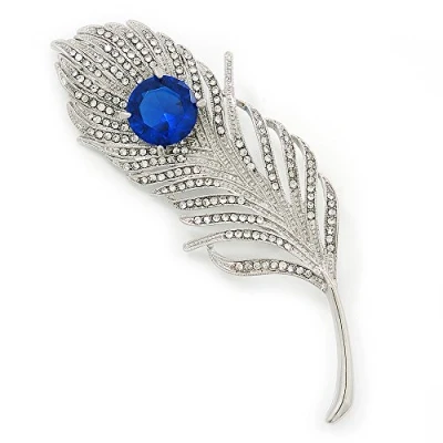 Image of Avalaya Large Diamante Peacock &#039;Feather&#039; Brooch in Rhodium Plating (Clear/Sapphire Blue Colour) 95mm Long