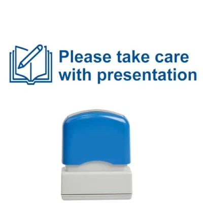 Image of Please take Care with Presentation Self Inking Teacher Stamp, Reinkable, Quality School Stamp 10x39mm Blue Ink.
