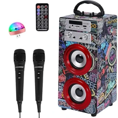 Image of DYNASONIC Karaoke Machine with 2 Microphones, Portable Bluetooth Speaker Lights, USB and SD Reader, Gift for Children (Model 21 lights)