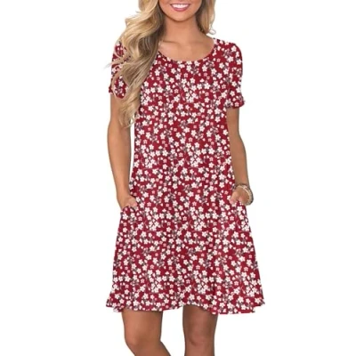 Image of AUSELILY Women&#039;s Summer Dresses Casual T Shirt Short Sleeve Dress Loose Swing with Pockets, Floral Red L