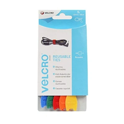 Image of Velcro Brand VEL60250 Adjustable Ties (5), Multi Colour, 12mm x 20cm 5Pk, Set of 5 Pieces
