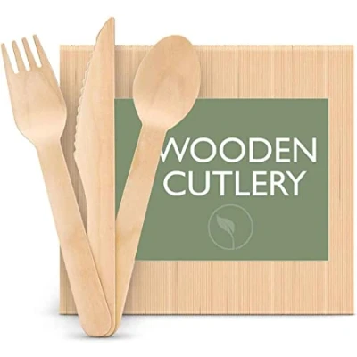 Image of Premium Wooden Disposable 300pcs Cutlery Set Eco Friendly 100 Knives Forks Spoons Perfect for Parties Picnics Office