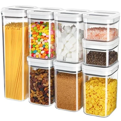 Image of MR.SIGA 8 Piece Airtight Food Storage Container Set, BPA Free Kitchen Pantry Organization Canisters, One handed Plastic Containers with Lids for Cereal, Spaghettie, Pasta,White