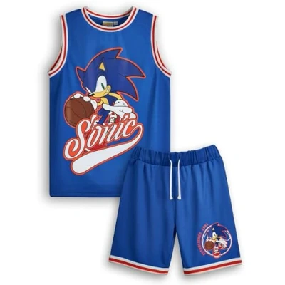 Image of SONIC THE HEDGEHOG Boys Basketball Jersey and Shorts Set Kids Complete Two Piece Sports Outfit in Blue Childrens Athletic Wear Matching Bundle Game Character Merchandise Apparel Gift