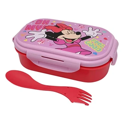 Image of HOVUK Minnie Mouse Lunch Box with Spork, Two Compartment Lunchbox Cutlery Set for Kids, 20cm Food Container School Gift Girls