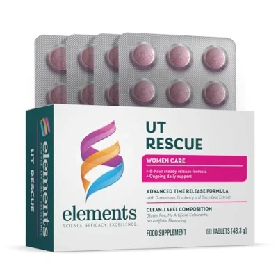 Image of Elements UT Rescue Supplement for Urinary Tract Support with D mannose Cranberry Extract and Birch Leaf Extract, to Complement The Body&#039;s Natural Cleaning Process, Non GMO Gluten Free 60 Tablets