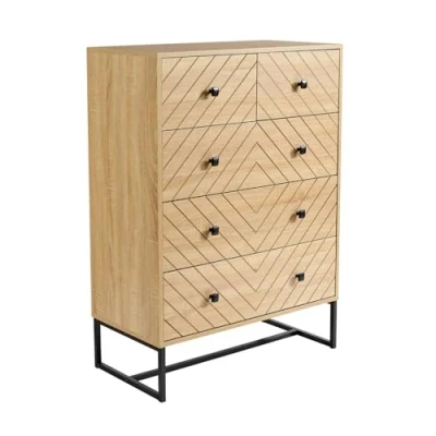 Image of Home Source Aztec Bedroom Chest of Drawers, Wooden Furniture Clothing Storage Unit, 5 Drawer, Oak Effect