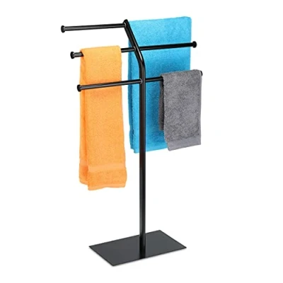 Image of Relaxdays Towel Rail 3 Bars for 6 Towels Freestanding Bathroom and Kitchen Iron H x W D: 87 50.5 20.5 cm Black