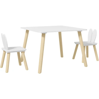 Image of AIYAPLAY 3 Pieces Toddler Table and Chair Set, Kids Desk 2 Chairs Set with Cute Bunny Ear Backrest, Wooden Legs, for Nursery, Playroom, Classroom White