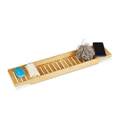 Image of Relaxdays Bamboo Bathtub Tray with Grills, 4.5 x 68.5 14.5 cm, Bath Bridge, Shelf, High Quality Wood, Tub Caddy, Natural Brown