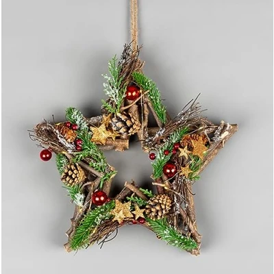 Image of SHATCHI Prelit Battery Operated Christmas Home Hanging Wooden Twigs Base Decorated with Red Baubles,Berries, Foliage,Pine Cones, Micro Rice LED Lights, Wood, Bronz Stars, Star 35cm