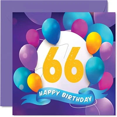 Image of 66th Birthday Card for Men Women Balloon Party Happy Cards 66 Year Old Man Woman Mum Dad Auntie Uncle Grandad Nan Gran Grandma Grandpa, 145mm x Bday Greeting Gift