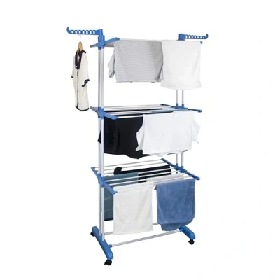 Image of Hyfive Clothes Airer Drying Rack Extra Large 4 Tier Horse Rail Stainless Steel Garment Laundry Dryer Racks Blue