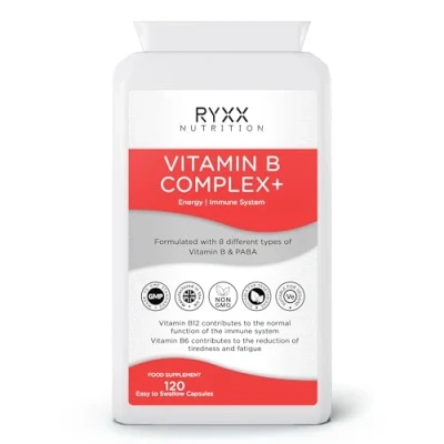Image of Vitamin B Complex + 120 Vegan Capsules High Strength &amp; Absorption 8 Essential Vitamins Methylated with Folate, B6 B12 Made in The UK by RYXX