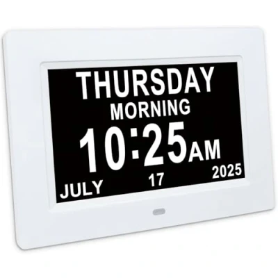 Image of Golony 7.1&quot; Digital Day Calendar Clock, Extra Large Date Time Dementia Clocks for Senior Elderly Memory Loss Vision Impaired Alzheimer&#039;s with12 Alarm Reminders Auto Dimming,White