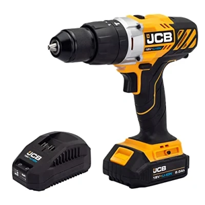 Image of JCB 18V Cordless Combi Drill, 2.0ah Battery &amp; Fast Charger, Variable Speed Integrated LED Work Light, 16+3 Position Adjustable Torque, 3 Year Warranty