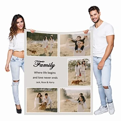 Image of Haisimiery Personalised Photo Fleece Blanket Customized Throw with Picture Birthday Wedding Gift for Adult Baby Pet (05 photos, 50x60 (120x150cm))