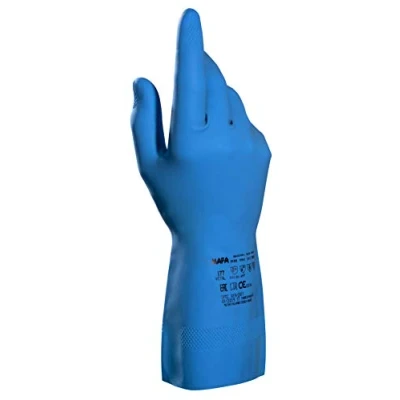 Image of Vital 177 Latex Food Handling Gloves, Safe Contact, Catering and Industry, Excellent Grip Washable/Reusable Safety Gloves Blue Size 9 Large (1 Pair), 177139