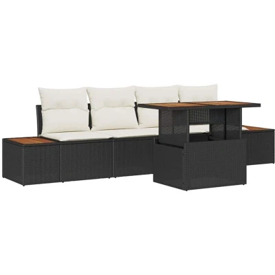 Image of vidaXL 5 Piece Garden Dining Set with Cushions Black Poly Rattan Acacia