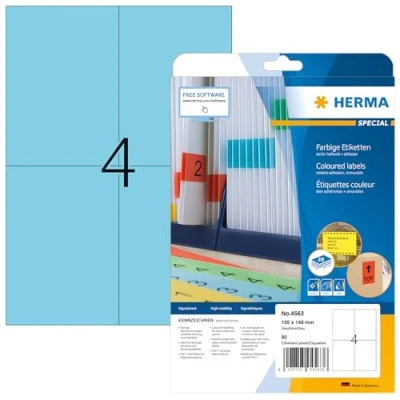 Image of HERMA Self Adhesive Coloured Labels, 4 Labels per A4 Sheet, 20 Sheets, 105 x 148 mm, 80 Blank Removable Colour Stickers, Sticky for Laser &amp; Inkjet Printer, Blue