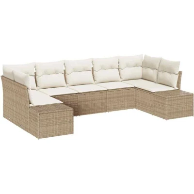 Image of vidaXL 7 Piece Garden Sofa Set with Cushions Beige Poly Rattan