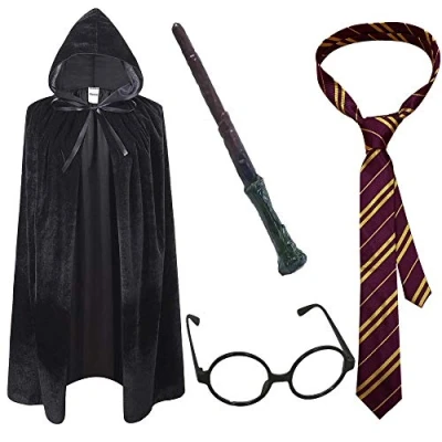 Image of VIROSA 4PC Wizard Cape School Boy Fancy Dress Costume Accessory Includes Tie, Glasses, Wand, Black Ideal for Wand Set Magician Outfit World Book Day, Week