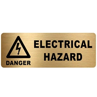 Image of METAL Danger ELECTRICAL HAZARD Sign WITH IMAGE Brushed Gold Aluminium Safety Security Door Notice Shop Warehouse School Cafe Restaurant Business Health Accident Electricity Cables Wires