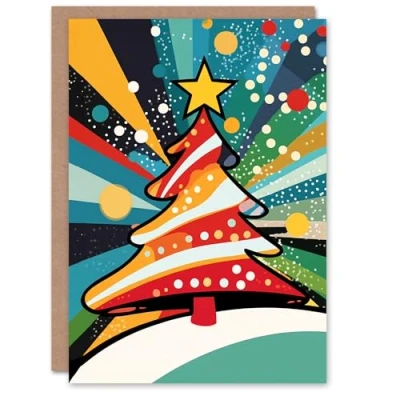Image of Artery8 Vibrant Colourful Decorated Tree Pop Art Blank For Him Or Her Xmas Festive Christmas Card