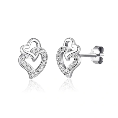 Image of Philip Jones Sterling Silver Double Heart Earrings Created with Zircondia® Crystals