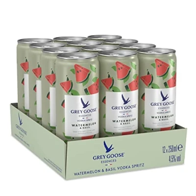 Image of Grey Goose Essences Vodka Spritz, Watermelon &amp; Basil, 4.5% ABV, 12 x 25cl / 250ml, Ready To Drink Pre Mixed Cocktail Can, Made with Natural Flavours
