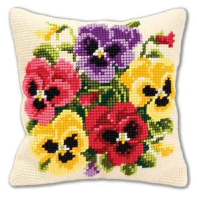 Image of Vervaco Pansy Posy Cross Stitch Cushion, Multi Colour