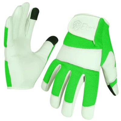 Image of Escort Tools® Heavy Duty Leather Gardening Work Gloves, Thorn Proof, Touch Screen, Utility Safety Working Gloves Breathable, Tear Resistant, High Dexterity Mechanic Unisex (Hiviz Green, XL)